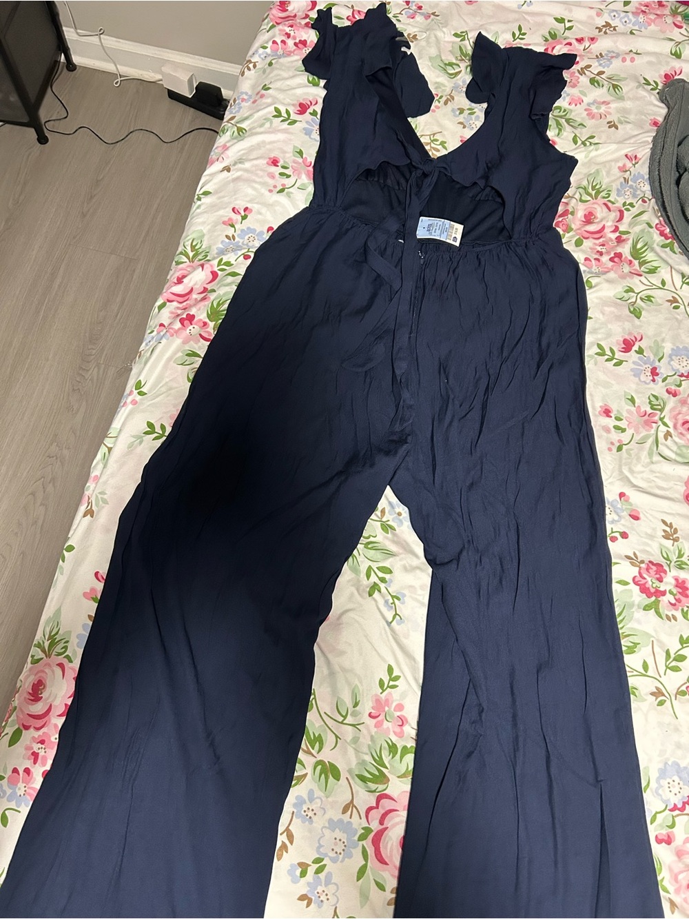 Trixxi Navy V-Neck Wide-Leg Jumpsuit with Flutter Sleeves